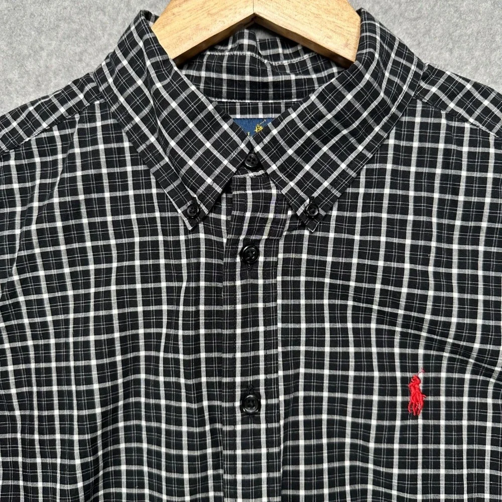 Ralph Lauren Boys Large 14-16 Black White Plaid Button Down Long Sleeve Shirt